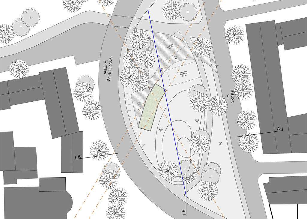 Lageplan des 2015 fertiggestellten Unterwerks zur Stromversorgung der KVB zwischen der Straße Im Sionstal und der Auffahrt Severinsbrücke