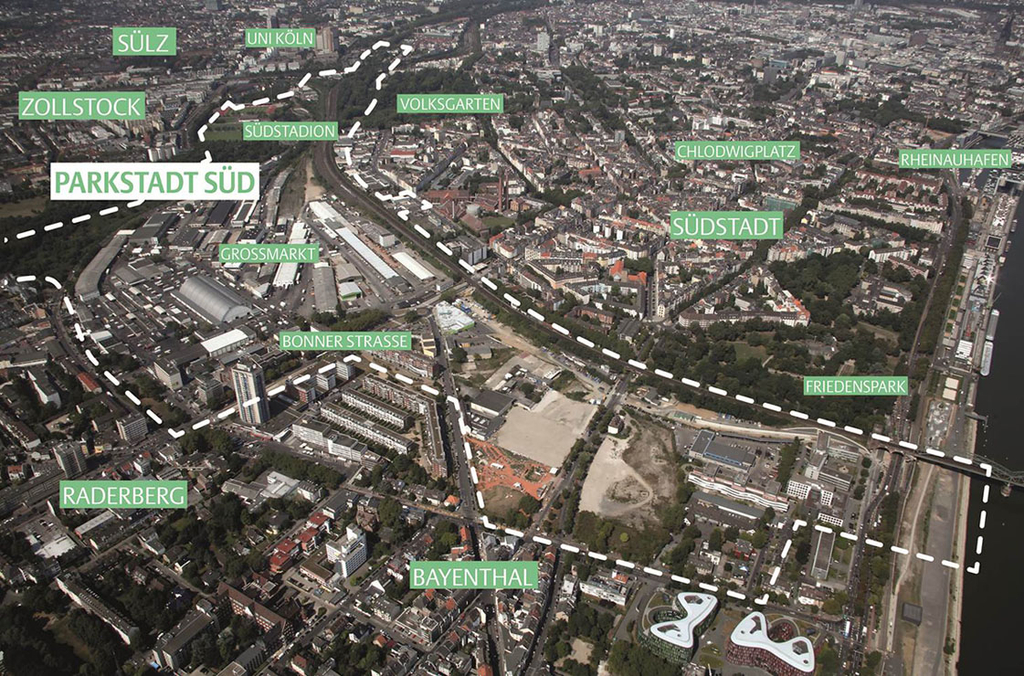 Darstellung der Gebietsgrenzen der Parkstadt Süd aus der Vogelperspektive 
