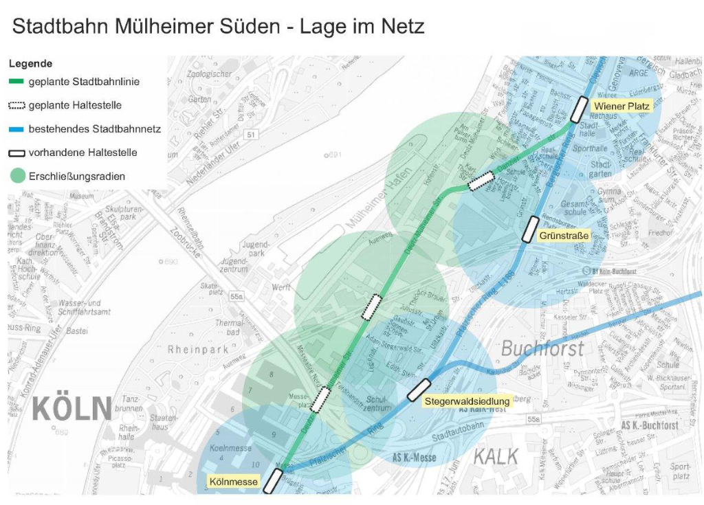 Übersichtsplan der neuen Stadtbahnlinie im Mülheimer Süden