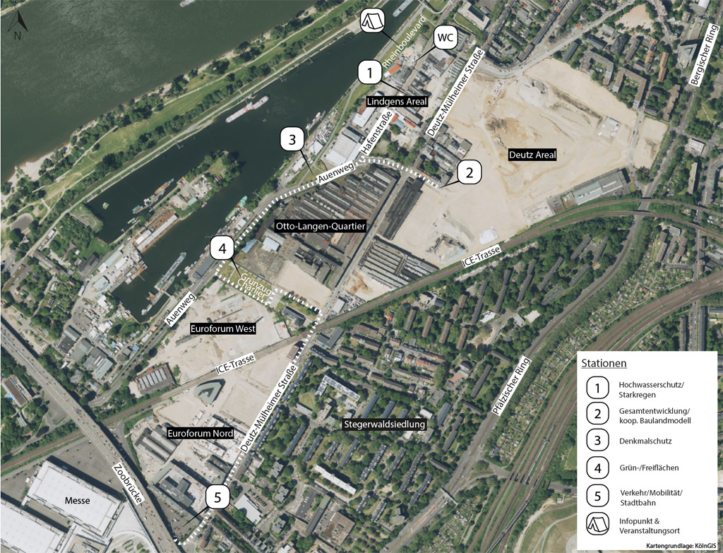 Luftbild des Gebietes rund um den Mülheimer Süden, dabei werden die einzelnen Stationen des Arealspaziergangs dargestellt.