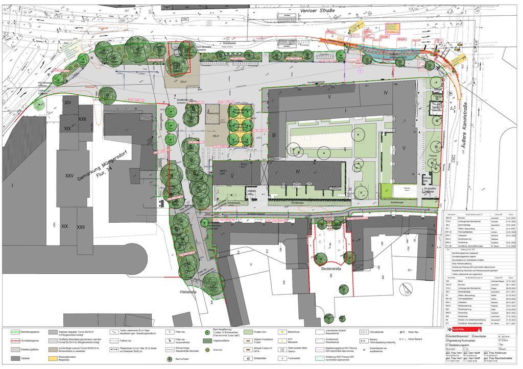Entwurfsplan mit Ansicht der Neugestaltungselemente des Rochusplatzes