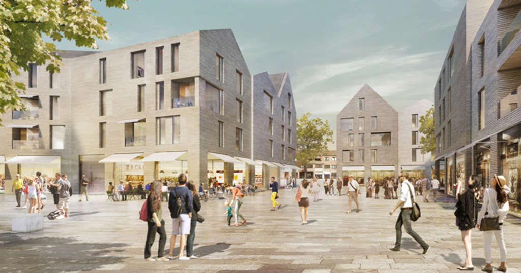 Visualisierung Porz-Mitte: Perspektive von Süden auf den Marktplatz