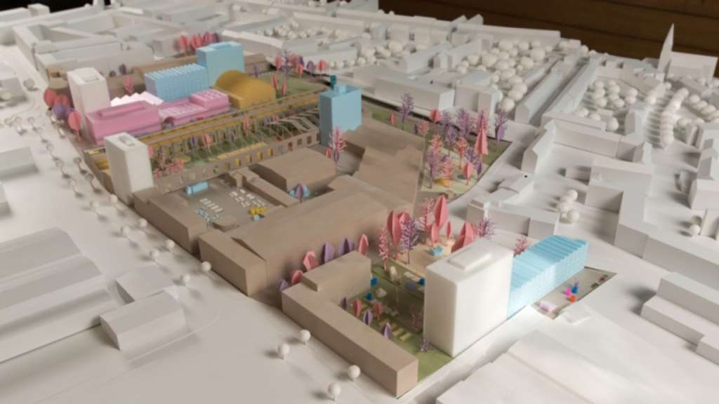 Modell des Siegerentwurfs aus dem Werkstattverfahren der Hallen Kalk, Link auf Stadtentwicklung und Stadtplanung