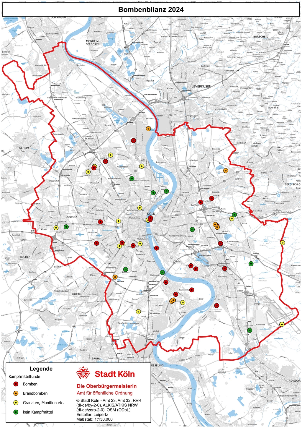 Karte von Köln, in der die Bombenfundorte eingetragen sind