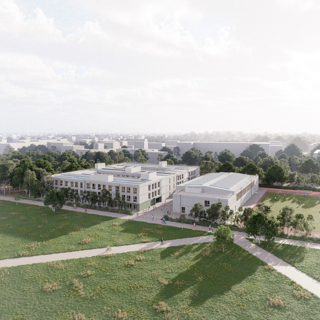 Visualisierung für die Interimsgebäude (Schule und Sporthallen)