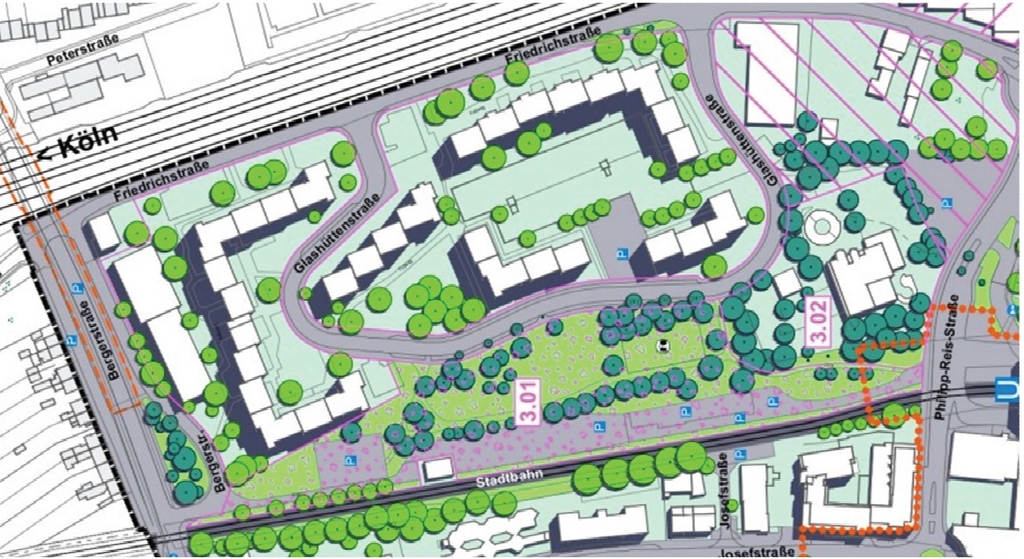 Kartenauschnitt der Parkanlage Glashüttenstraße in Porz