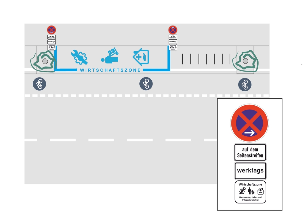 Grafischedarstellung in der Vogelperspektive. Die Wirtschaftszone ist in Blau ausgezeichnet, das zukünftige Straßenschild ist beispielhaft dargestellt.