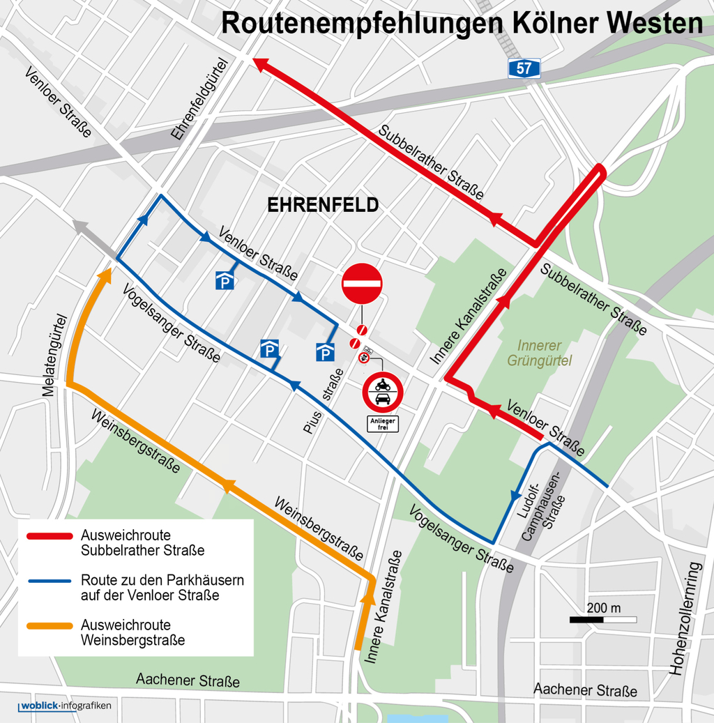 Karte mit Routenempfehlung Kölner Westen: Die Karte zeigt die Routenempfehlungen im Kölner Westen. Die Venloer Straße ist stadtauswärts ab Piusstraße nicht befahrbar. Die Piusstraße dort ist eine Anliegerstraße. Es wird empfohlen: auf der Venloer Straße ab Innere Kanalstraße Richtung Norden und dann nach einem U-Turn in die Subbelrather Straße zu fahren. Von der Inneren Kanalstraße in Fahrtrichtung Norden bereits in die Weinsbergstraße einbiegen, bis Melatengürtel. Um die Parkhäuser in der Venloer Straße anzufahren, über die Vogelsanger Straße stadtauswärts und dann vom Melatengürtel aus in die Venloer Straße einfahren.
