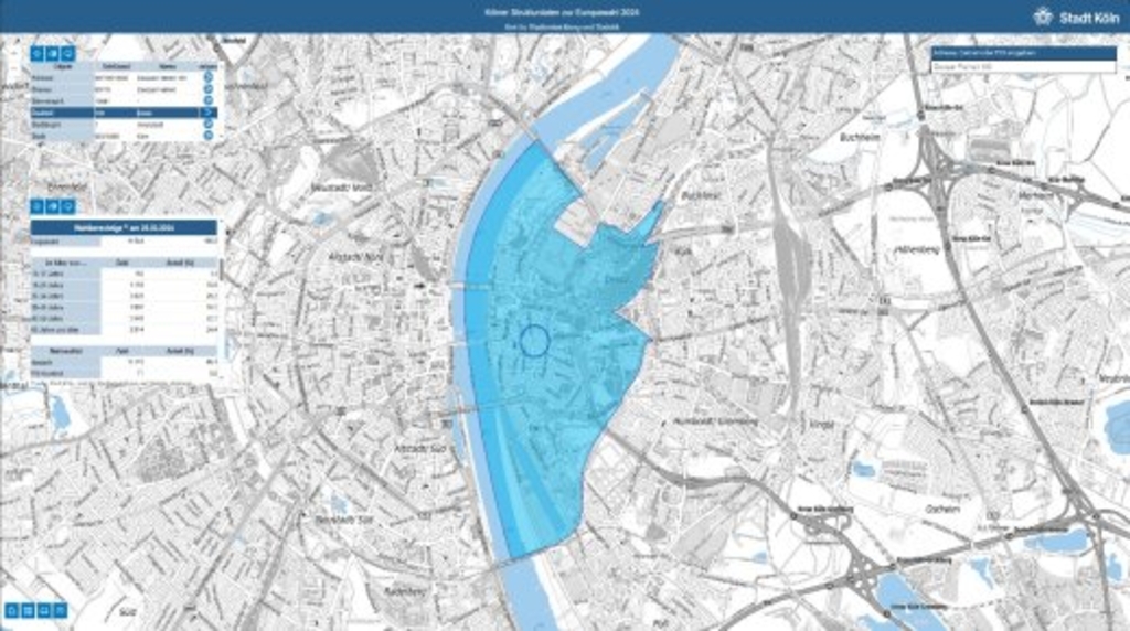 Karte mit Ausschnitt des Kölner Stadtgebietes, Link auf Strukturdaten zur Kommunalwahl 2025
