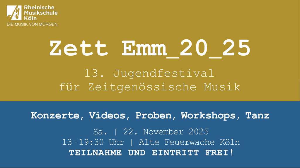 Goldener und blauer Hintergrund mit weißem Ankündigungstext…, Link auf Zett Emm_20_25 – 13. Jugendfestival für zeitgenössische Musik - Stadt Köln