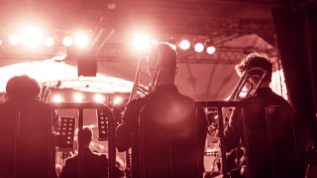 Jazz Orchester bei einem Auftritt von hinten fotografiert, Link auf JazzRockPop - Stadt Köln