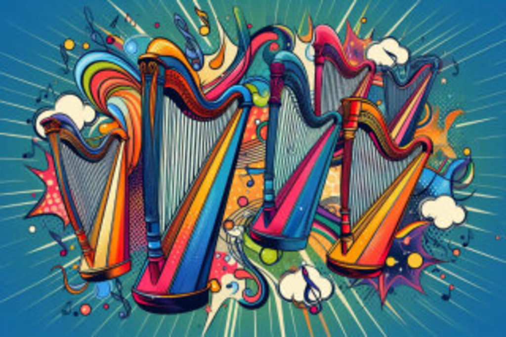 Bunte Grafik mit 6 Harfen, Noten und Notenschlüsseln, Link auf Harfen-Ensemble SchokoladenSaiten - Stadt Köln