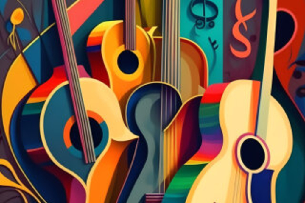 Bunte Computeranimation von vier Gitarren, Link auf Come-Together-Zupf-Projektorchester - Stadt Köln