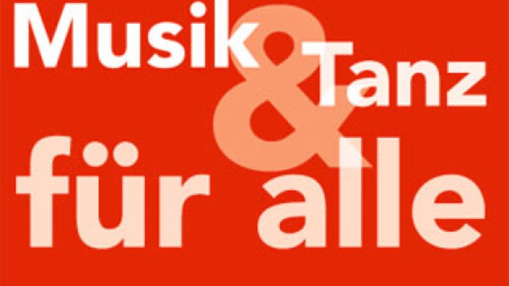 Weiße Schrift auf rotem Grund: Musik und Tanz für alle, Link auf Leitbild der Rheinischen Musikschule - Stadt Köln