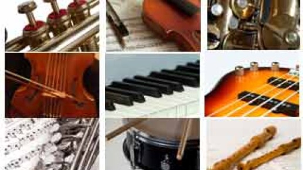 Collage verschiedener Instrumente, Link auf Instrumental- und Gesangsunterricht - Stadt Köln