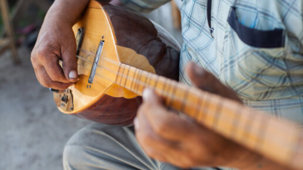 Mann spielt Bağlama, Link auf Bağlama - Stadt Köln
