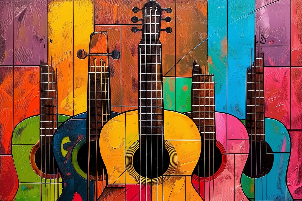 Fünf bunte Gitarren vor buntem Hintergrund, Link auf Gitarren-Ensemble Guitarama - Stadt Köln