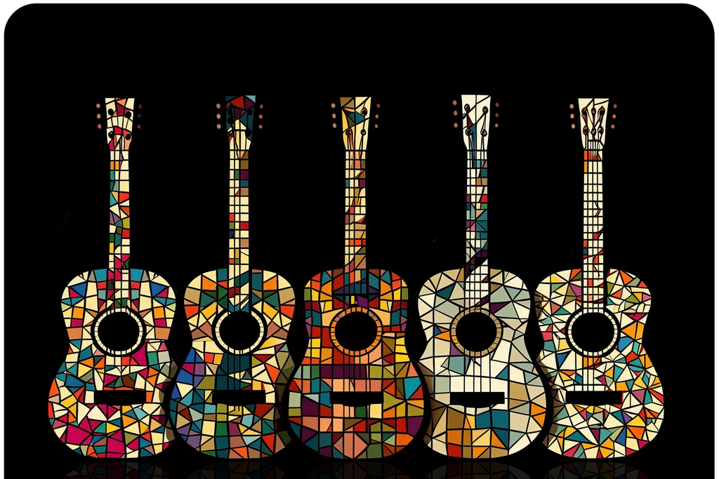 Fünf Gitarren mit buntem Mosaikmuster vor schwarzem Hintergrund, Link auf Gitarren-Ensemble "Klangmosaik" - Stadt Köln