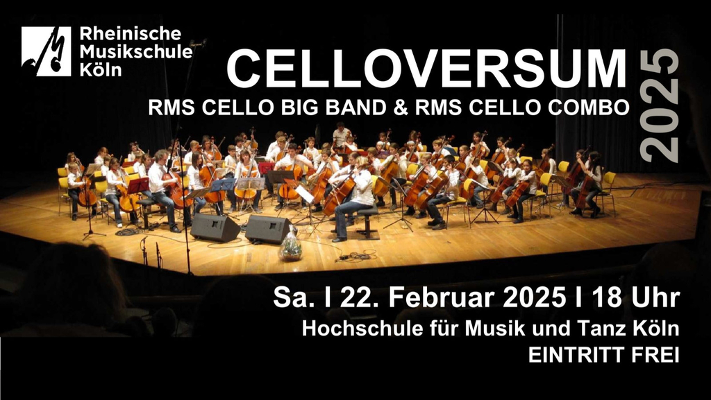 Die Cello Big Band auf der Bühne mit Ankündigungstext für das