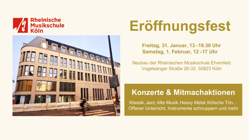 Bild des Neubaus der RMS in der Vogelsanger Straße mit Werbetext für das Einweihungsfest.