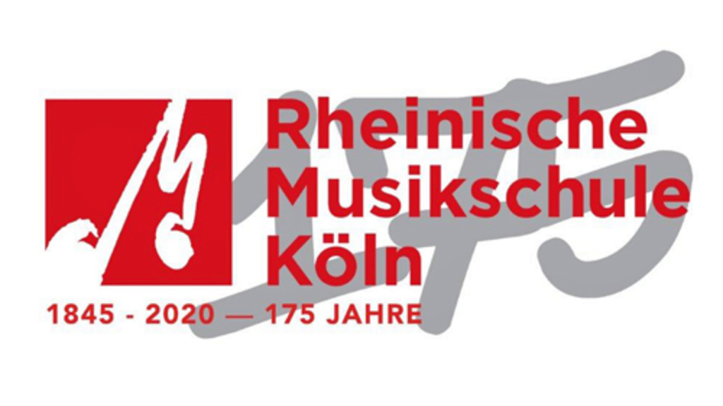 rote Schrift auf weißem Grund: 1845 bis 2020 - 175 Jahre Rheinische Musikschule Köln, Link auf 175 Jahre Rheinische Musikschule - Stadt Köln