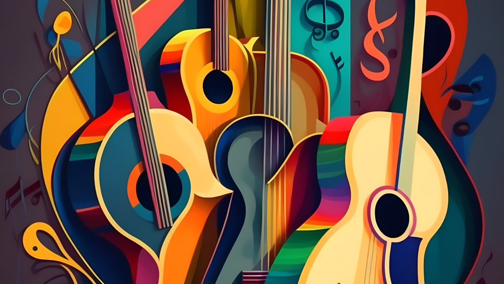 Bunte Computeranimation von vier Gitarren