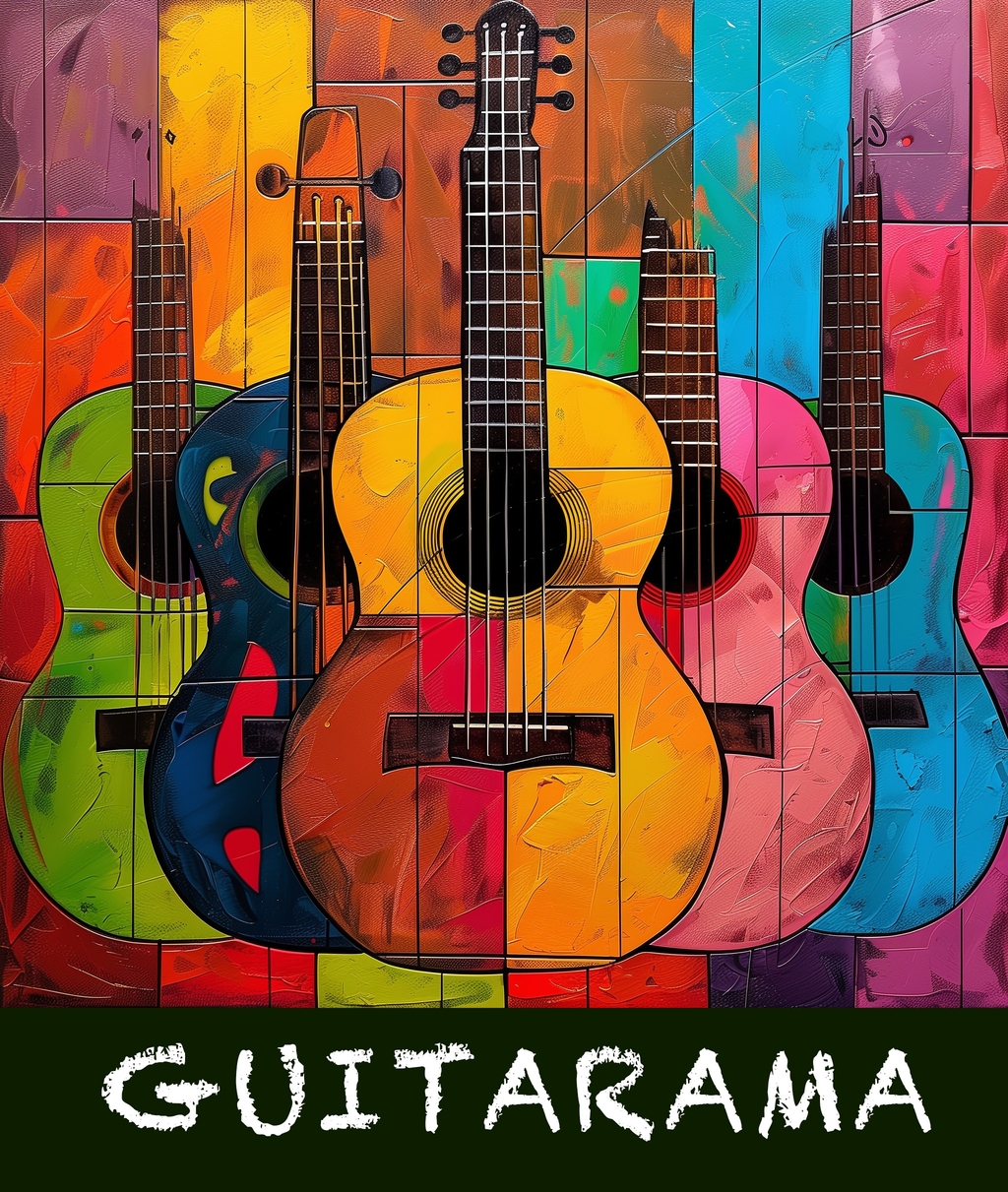 Fünf bunte Gitarren vor buntem Hintergrund