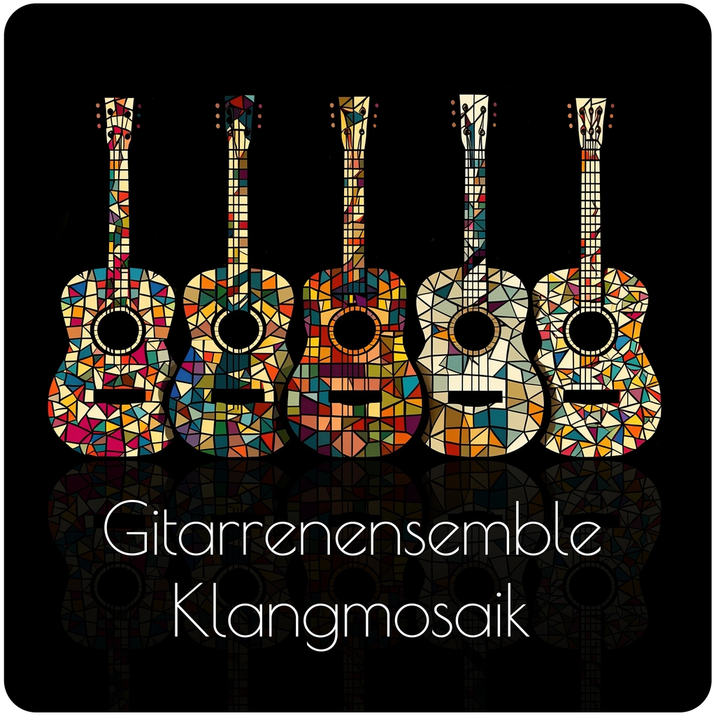 Fünf Gitarren mit buntem Mosaikmuster vor schwarzem Hintergrund