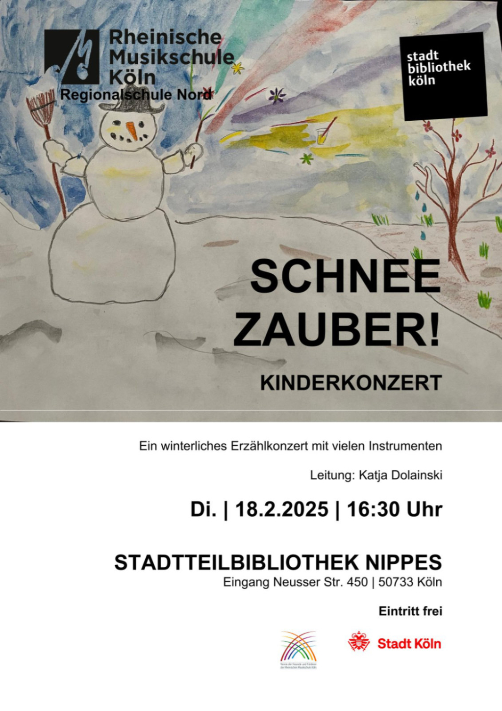 Kinderzeichnung von einer Schneelandschaft mit Schneemann und Ankündigungstext Konzert