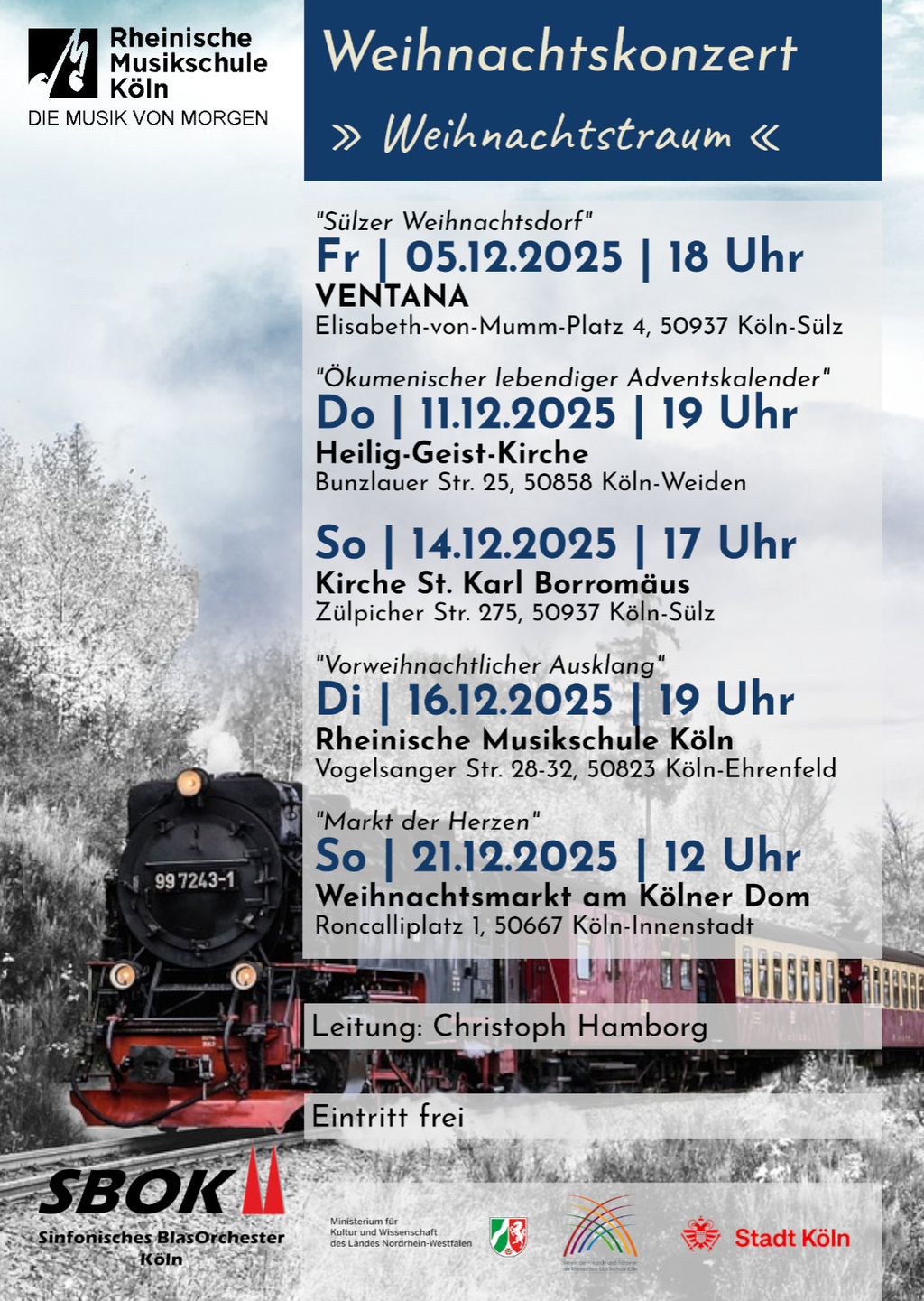 Im Hintergrund eine Winterlandschaft mit einer historischen Dampflokomotive und Ankündigungstext der Weihnachtskonzerte des Sinfonischen Blasorchesters Köln