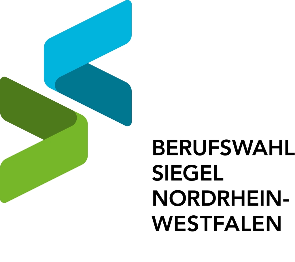 Logo des Berufswahl-SIEGEL Nordrhein-Westfalen: zwei stilisierte, ineinandergreifende Bänder in Blau- und Grüntönen links, daneben der Schriftzug BERUFSWAHL SIEGEL NORDRHEIN-WESTFALEN in schwarzer Schrift
