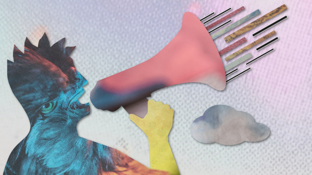 künstlerische Illustration in Pastellfarben: Eine collagierte Person im Halbprofil von rechts spricht in ein Megafon