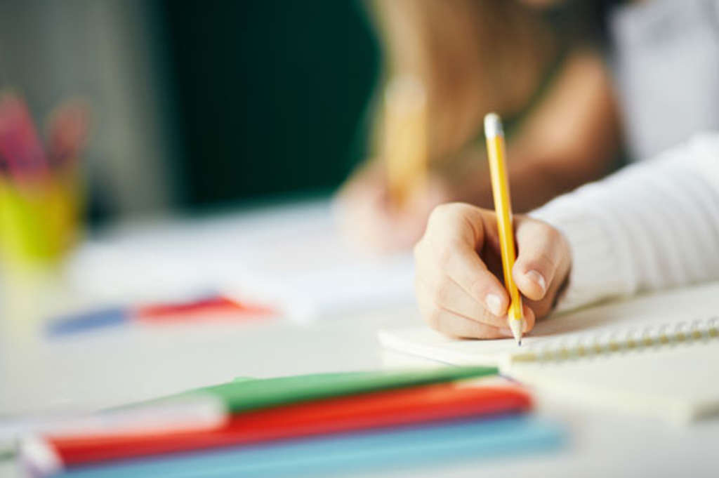 Eine Hand schreibt etwas mit einem Bleistift in eine Kladde