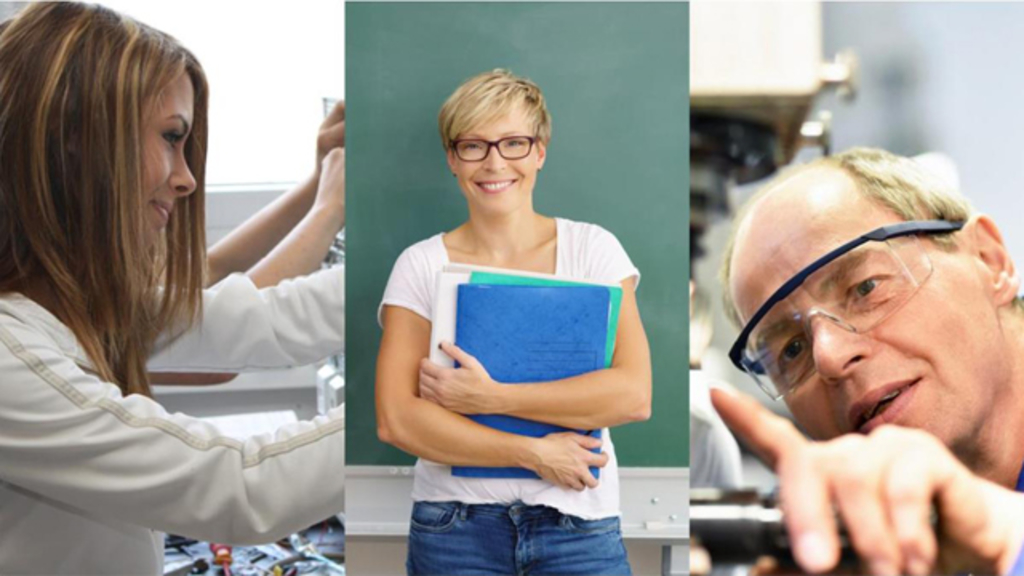 Collage, links Labormitarbeiterin, mittig Lehrerin, rechts Ausbilder