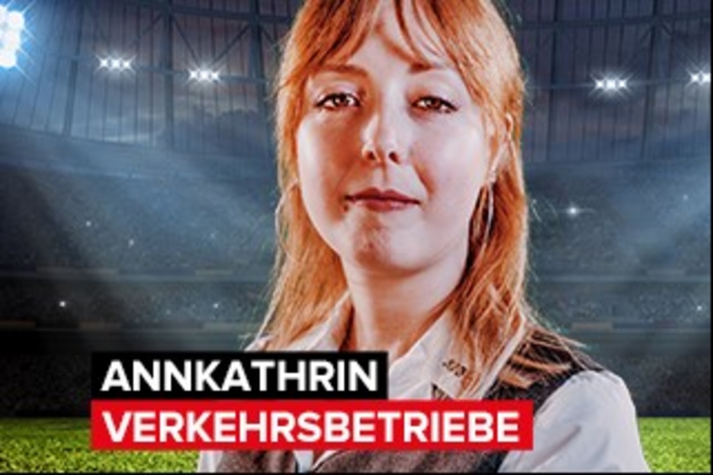 Mitarbeiterin der Kölner Verkehrsbetriebe vor Stadionkulisse, Link auf Annkathrin, KVB Kölner Verkehrs-Betriebe
