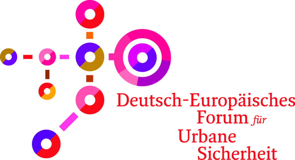 Logo DEFUS aus Kreisen in Rottönen untereinander verbunden und mit dem Schriftzug in Rot Deutsch-Europäisches Forum für Urbane Sicherheit