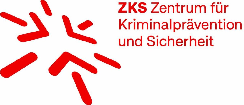 Logo: 3 rote Pfeile, die von außen nach innen auf einen Punkt zeigen sowie der Schriftzug ZKS Zentrum für Kriminalprävention und Sicherheit, alles in rot
