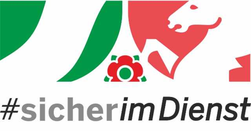 Collage aus Teilen des NRW-Wappens mit Schriftzug darunter #sicher im Dienst