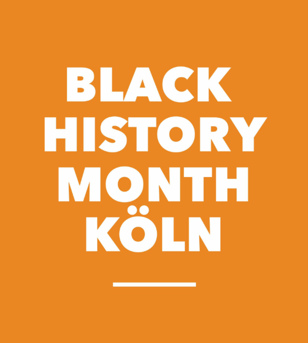 Orangene Fläche auf der in weißer Schrift steht: "Black History Month Köln"