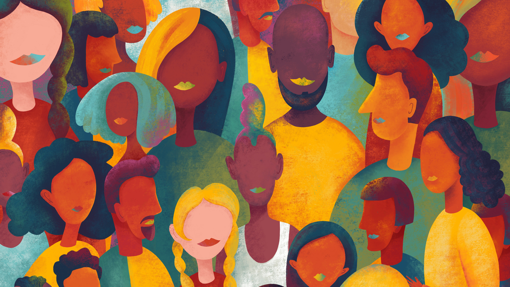Bunte, abstrakte Illustration einer vielfältigen Gruppe von Menschen. Die Figuren sind in kräftigen Farben wie Orange, Gelb, Rot, Blau und Grün gehalten. Viele Gesichter sind vereinfacht dargestellt, manche ohne Augen oder Nase, nur mit Lippen in verschiedenen Farben. Die Gruppe vermittelt Vielfalt und Gemeinschaft.