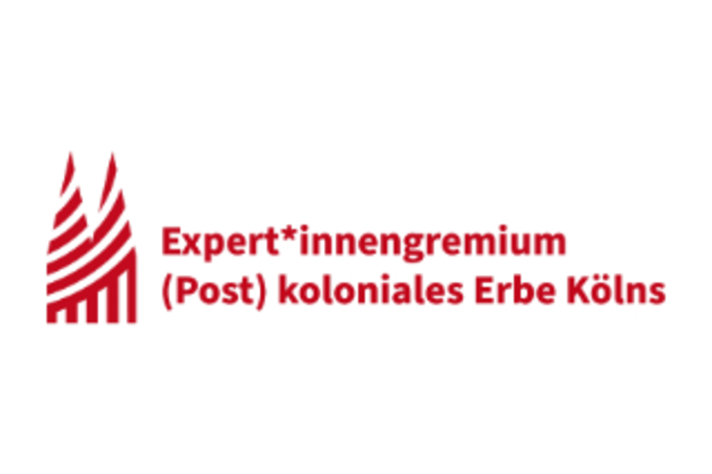Stilisierter gestreifter Kölner Dom mit dem Schriftzug "Expert*innengremium (Post) koloniales Erbe Kölns