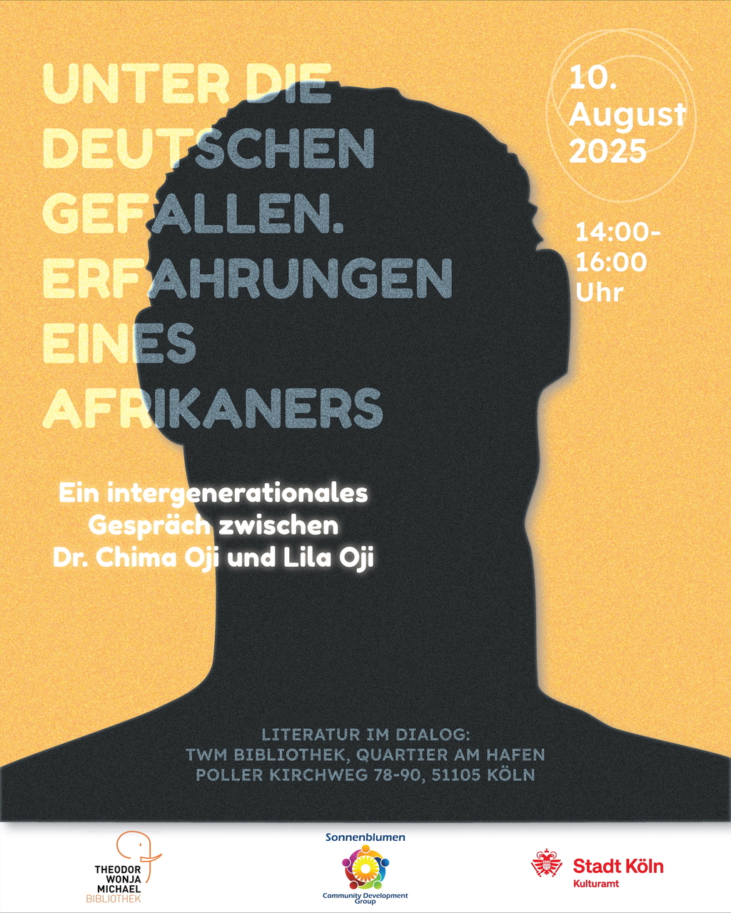 Plakat der Veranstaltung "Unter die Deutschen Gefallen. Erfahrungen eines Afrikaners.; im Hintergrund eine schwarze Silhouette vor orangenem Hintergrund.