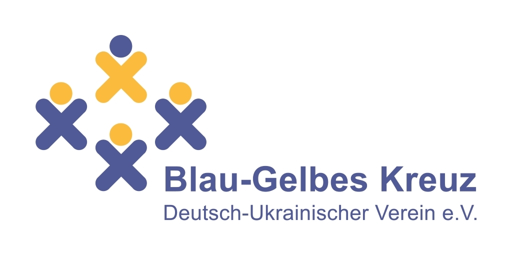 Logo des Vereins Blau-Gelbes Kreuz Deutsch-Ukrainischer Verein e. V. mit blauen und gelben Kreuzen stilisiert als Menschen