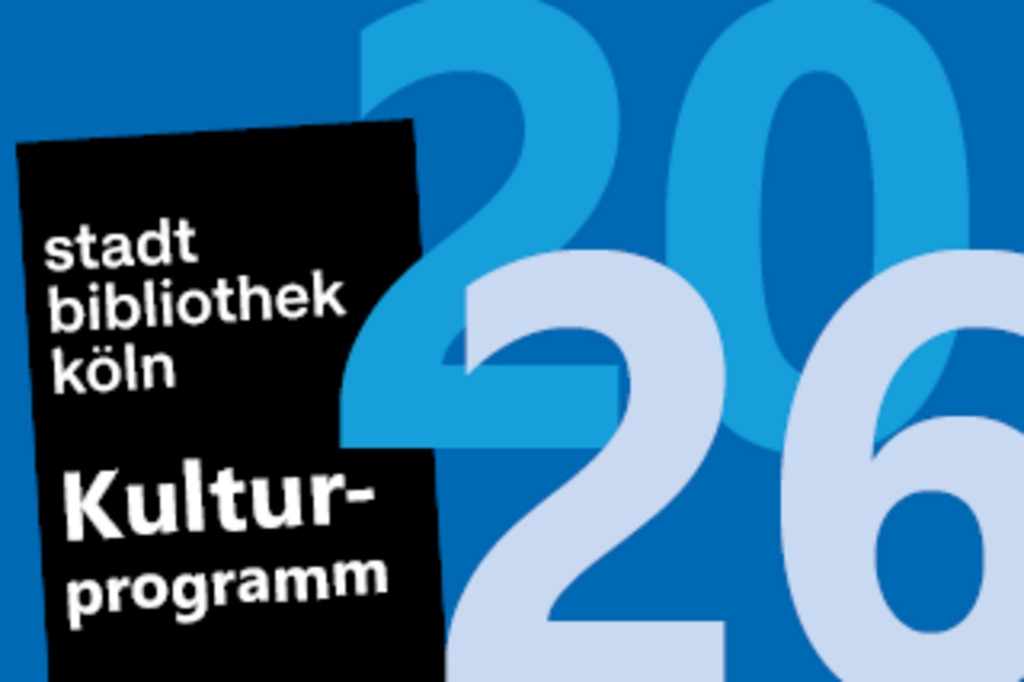 Grafik in drei verschiedenen Blautnen mit den Schriftzügen Sadtbibliothek Köln Kulturprogramm 2026, Link auf Kulturprogramm - Stadt Köln
