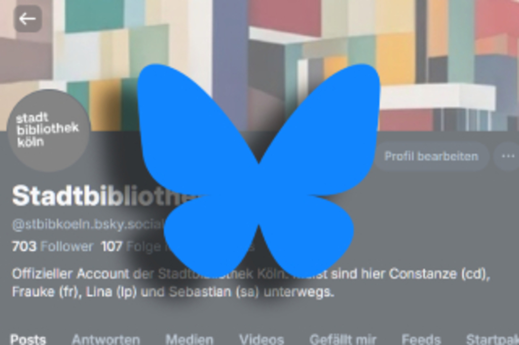 Screenshot des BlueSky Account der Stadtbibliothek mit blauem Schmetterling von BlueSky überlagert, Link auf Stadtbibliothek Köln (@stbibkoeln.bsky.social) — Bluesky