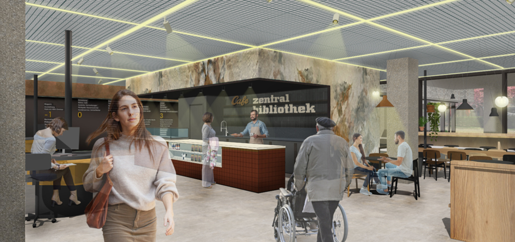 Visualisierung der Zentralbibliothek: Kaffeebereich mit Menschen, die sich in der Bibliothek aufhalten möchten