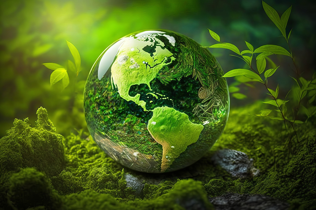 AI generiertes Bild einer Glaskugel als Weltkugel im Wald liegend, die Welt auch mit Blättern, Gras etc. dargestellt