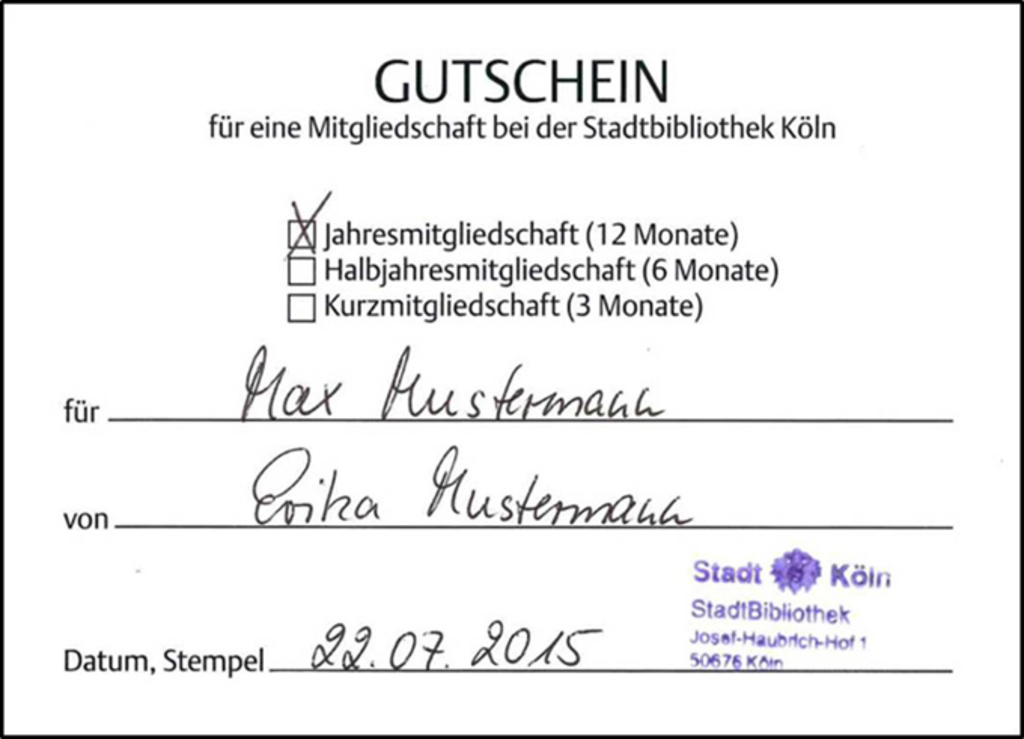 Gutschein Mitgliedschaft Stadtbibliothek