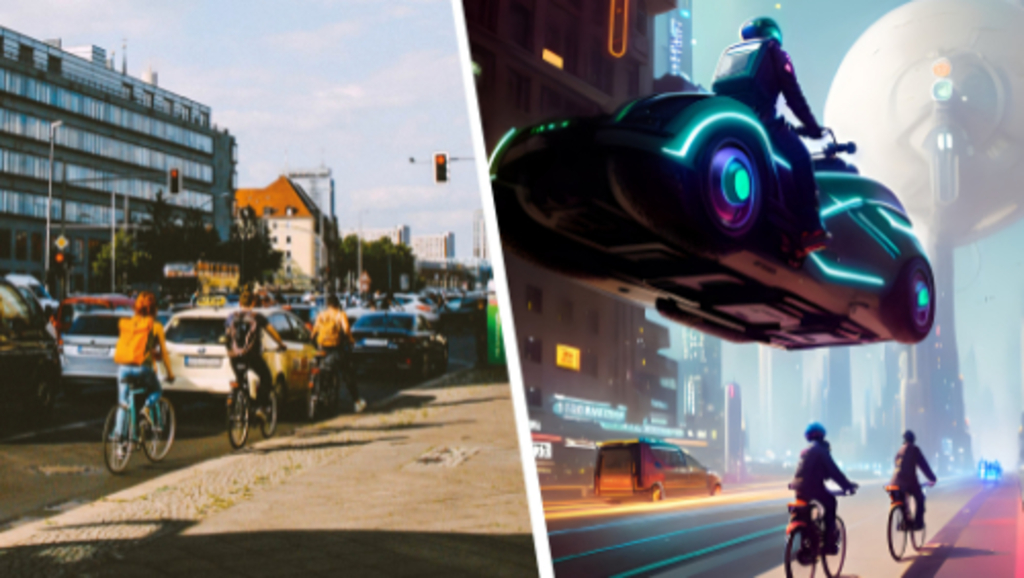 Collage von zwei Bildern: Links Stadtverkehr mit Ampeln, Taxis und Radfahrenden, rechts eine AI-Illustration aus der Zukunft, wo ein spaciges Auto in der Luft über Radefahrenden schwebt