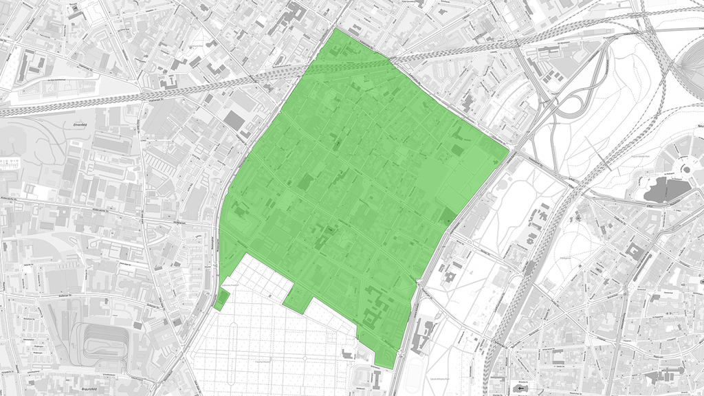 Die Karte zeigt das Gebiet, in dem die Sozialer Erhaltungssatzung Ehrenfeld Ost  gültig ist., Link auf Soziale Erhaltungssatzung für das Gebiet Ehrenfeld Ost - Stadt Köln